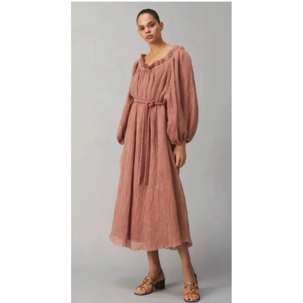 Tory Burch Linen Gauze Oversized Bishop Sleeve Midi Dress Terra-Cotta S-XL